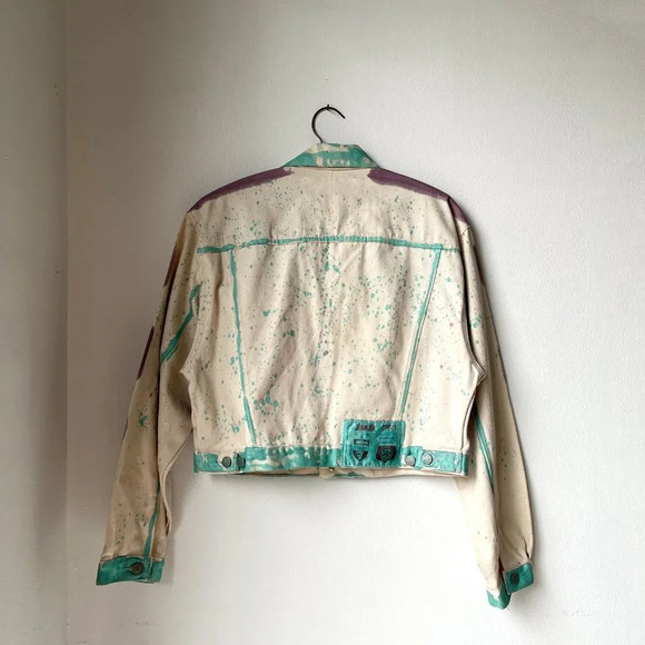Vintage OOAK 80s Jeanjer Jeans Hand Painted Cropped Denim Trucker Jacket Medium - Picture 7 of 8
